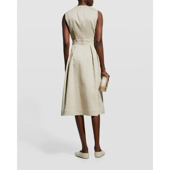 $1198 Lafayette 148 New York Womens Beige Striped Linen/Silk Midi Dress Size 14